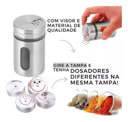 Imagem de Saleiro Pimenteiro Inox Vidro Tampa Com 3 Tipos De Abertura