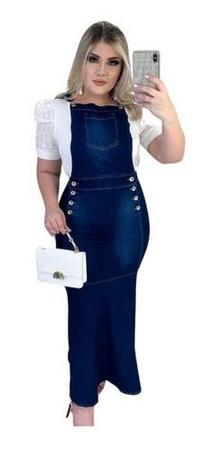 Imagem de Salopete Jeans Longa com Babado Moda Evangélica Cristã