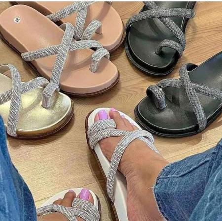 Imagem de Sandália Feminina Papete Strass Rasteirinha Flatform De Luxo 025