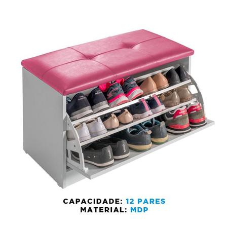 Imagem de Sapateira Puff Bau Cama Versatile Premium Luxo Até 12 Pares Branco - Estofado Rosa