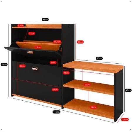 Imagem de Sapateira Vertical Milano 2 Gavetas Basculantes Prateleira Porta Calçados Banquinho Hall Entrada Canto Quarto Retrô - Preto/Cinamomo - RPM