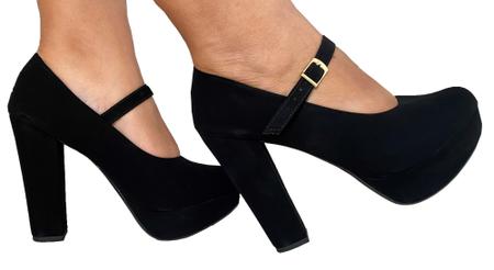 Sapato Feminino Boneca Preto Meia Pata Salto Alto Salto Grosso