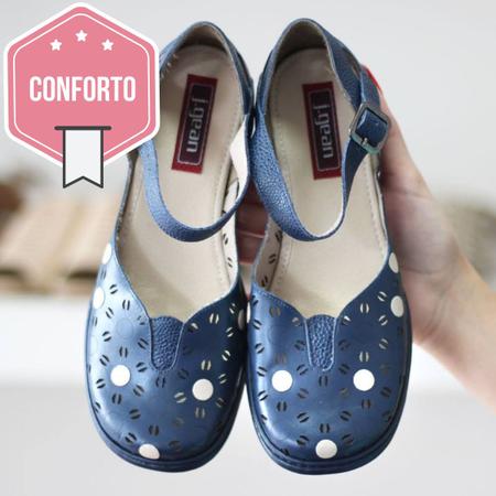 Imagem de Sapato Feminino J Gean Azul Couro Retrô Vintage Bico Redondo Salto  Médio Confortável FE0006