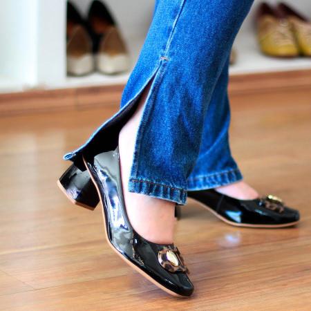 Sapato Feminino Usaflex Preto Couro Verniz Salto M dio Confort vel