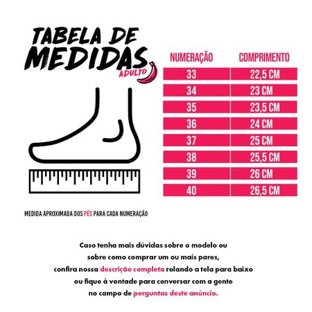 Tabela de store medidas calçados vizzano