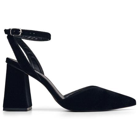 Scarpin Feminino Preto Veludo Salto Bloco Grosso Fivela Salook