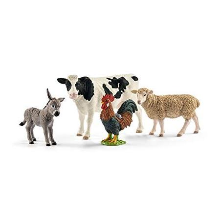 Imagem de Schleich Farm Animal Toys and Playsets - Farm World 4 Piece Starter Set com estatueta de vaca, galo, ovelha e burro, figuras de ação agrícola e acessórios para crianças de 3 anos ou mais