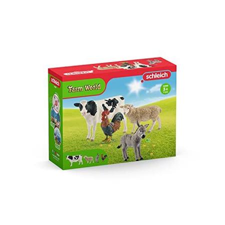 Imagem de Schleich Farm Animal Toys and Playsets - Farm World 4 Piece Starter Set com estatueta de vaca, galo, ovelha e burro, figuras de ação agrícola e acessórios para crianças de 3 anos ou mais