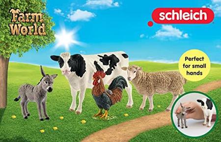 Imagem de Schleich Farm Animal Toys and Playsets - Farm World 4 Piece Starter Set com estatueta de vaca, galo, ovelha e burro, figuras de ação agrícola e acessórios para crianças de 3 anos ou mais