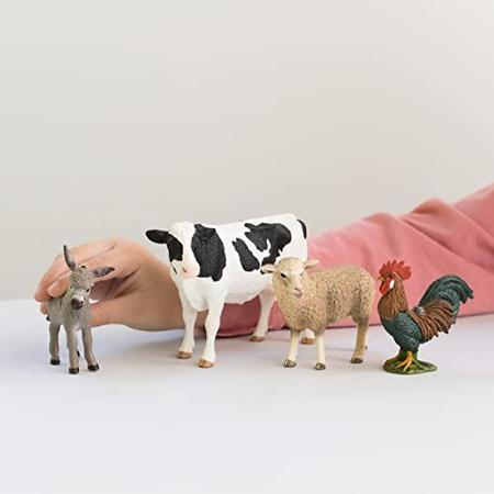 Imagem de Schleich Farm Animal Toys and Playsets - Farm World 4 Piece Starter Set com estatueta de vaca, galo, ovelha e burro, figuras de ação agrícola e acessórios para crianças de 3 anos ou mais