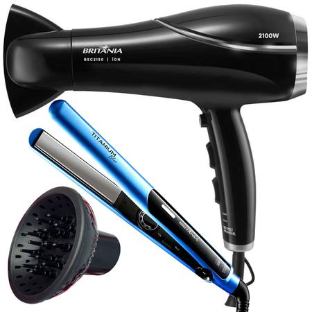 Imagem de Secador De Cabelo Britania Profissional 2100w Ions Tourmaline Ar Quente Frio Bivolt Com Difusor De Cachos Prancha Titanium Progressiva Blue 220ºc