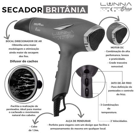 Secador De Cabelo 2100w Britânia Profissional Difusor Cachos Cor Preto  Voltagem 110v