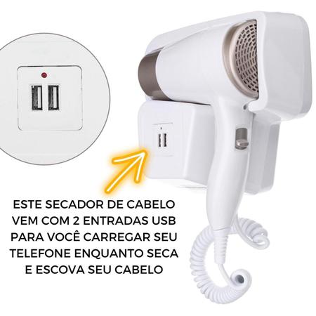 Imagem de Secador de Cabelo Hotel 1000W com 2 USB Suporte Parede 110V