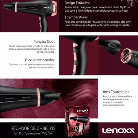 Imagem de Secador De Cabelo Lenoxx 2000w Pro Ion Tourmaline Ar Quente Frio Rose Modelador Cacheador Prancha Auto Bivolt