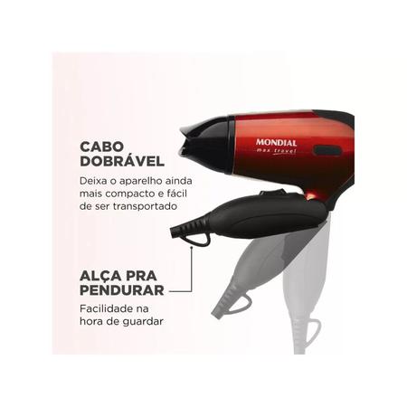 Imagem de Secador de Cabelo Mondial Max Travel Vermelho e Preto 1200W 2 Velocidades Bivolt