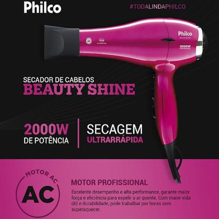 Secador De Cabelo Philco Shine 2000w Profissional Salão Motor Ac Tourmaline  Ions Difusor Cachos Relogio Led Touch no Shoptime