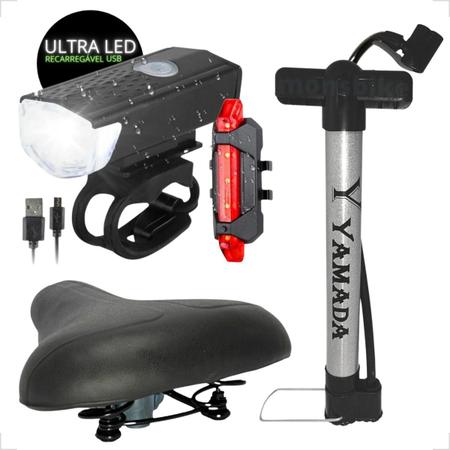 Imagem de Selim Bicicleta Banco Molas Confortável + Kit Luz Bike Farol e Lanterna Led + Bomba de Ar