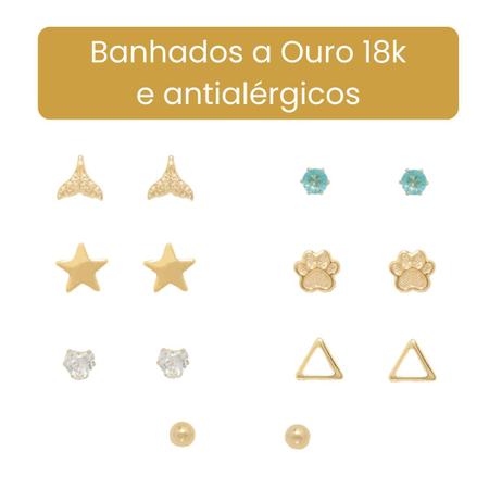 Imagem de Semaninha Ouro 18k Kit 7 pares Brinco Antialérgico banhado 