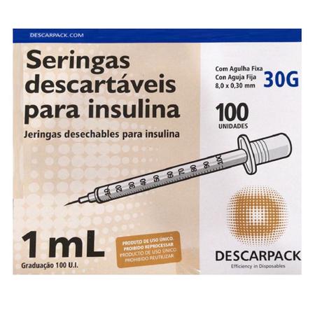 Imagem de Seringa 1ml 30G 100 Un Descarpack Agulha Fixa 8x0,3 100UI