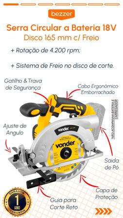 Imagem de Serra Circular Manual Vonder 165 mm + Bateria 2 Ah Carregador e Lâmina com Sistema Freio Linha Intercambiável