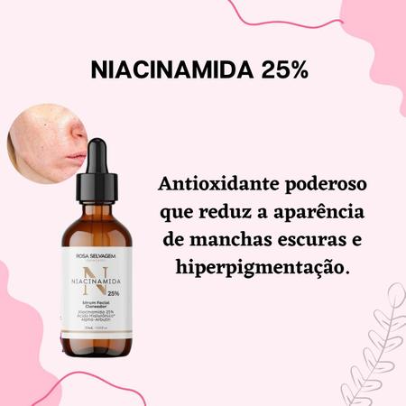 Imagem de Sérum Facial Clareador Manchas Escuras Niacinamida 25% Ácido Hialurônico Skincare Rosa Selvagem 30ml Vegano