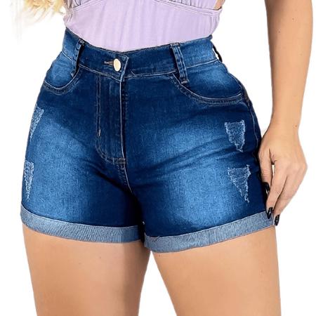 Imagem de Short Jeans Feminino Curto Barra Dobrada Cintura Alta Destroyed Hot Pants 4 Botões Dourados