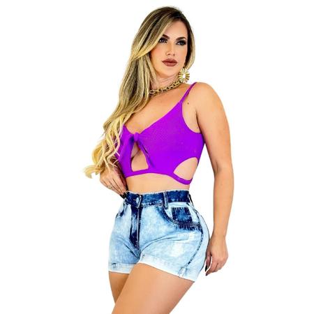 Imagem de Short Jeans Feminino Manchado Curto Barra Dobrada Lycra Hot Pants Destroyed Empina Bumbum