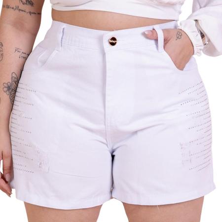 Imagem de Short Jeans Feminino Plus Size Branco Com STRASS MEIA COXA