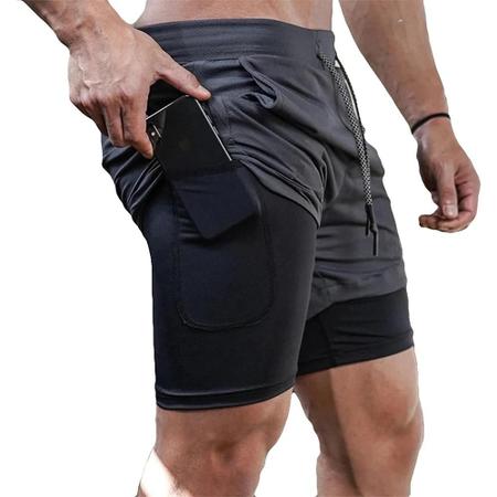 Imagem de Shorts de Treinamento Masculino 2 em 1 - Secagem Rápida, Preto, Casual para Verão e Academia