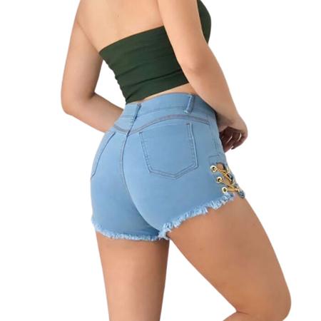 VS STORE Shorts Jeans Feminino Curto Cristal Linha Premium Barrinha  Desfiada 4 Botões Verão Fashion