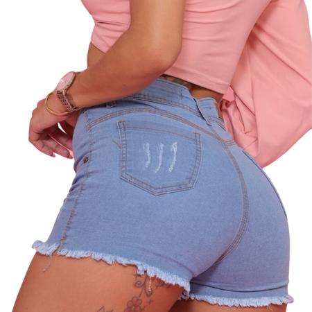 Short Jeans Curto Feminino Azul Claro Levanta Bumbum Com Barra Detalhada  Elastano Premium Tendência Verão