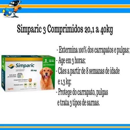 Imagem de Simparic 80mg Anti Pulga e Carrapato Cães 20 a 40kg 3 Comp/