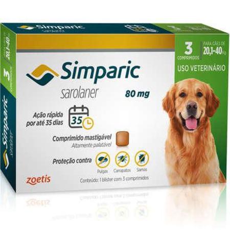 Imagem de Simparic antipulgas para Cães de 20,1 a 40Kg - 80mg - cx com 3 compr - Zoetis