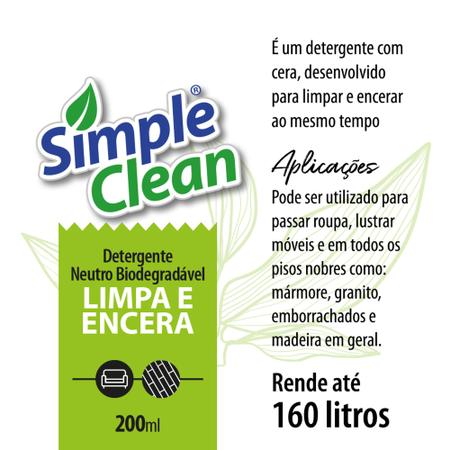 Imagem de Simple Clean Limpa e Encera Detergente neutro biodegrádavel super concentrado 200ml rende até 160L