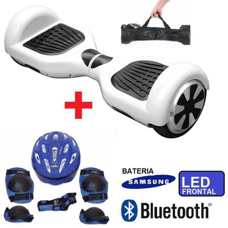 Imagem de Skate Elétrico Hoverboard 6.5 BRANCO + Kit de Proteção Azul Bluetooth, LED - Bateria Samsung Bolsa - Smart Balance