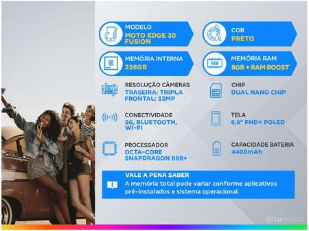 Imagem de Smartphone Motorola Edge 30 Fusion 256GB Preto 5G 8GB RAM 6,6” Câm. Tripla + Selfie 32MP