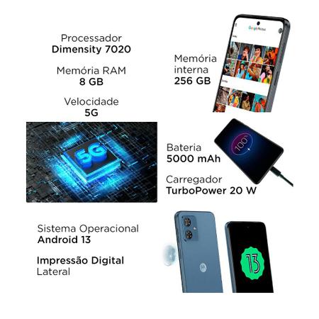 Imagem de Smartphone Motorola Moto G54 6,5” 5G 256GB 8GB RAM Azul (Vegan Leather), Android 13, Câmera 50MP OIS + 2MP Selfie 16MP, XT2343-1