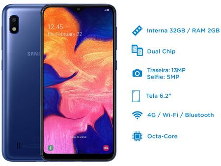 Imagem de Smartphone Samsung Galaxy A10 32GB Azul 4G 2GB RAM 6,2” Câm. 13MP + Câm. Selfie 5MP