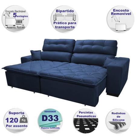 Imagem de Sofá 2,22m Retrátil e Reclinável com Molas Cama inBox Confort Tecido Suede Velusoft Azul