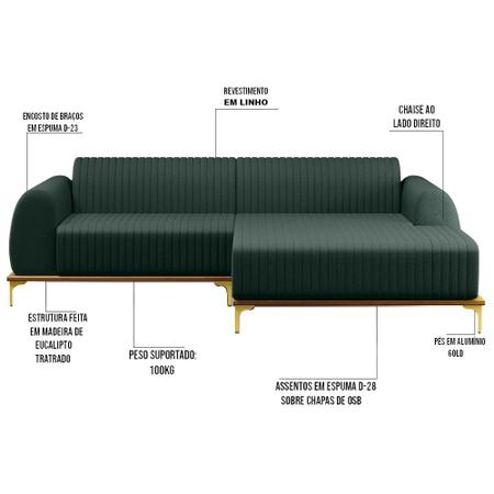 Imagem de Sofá 230cm 4 Lugares com Chaise Direito Pés Gold Molino C-117 Linho Verde - Domi