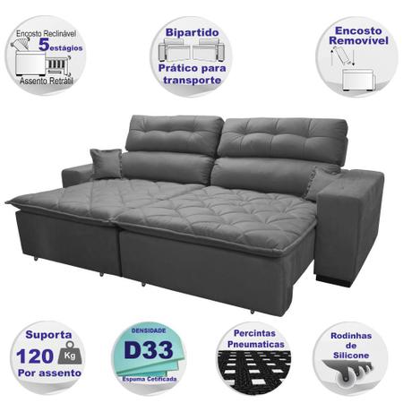 Imagem de Sofá 2,72m Retrátil e Reclinável com Molas Cama inBox Confort Tecido Suede Velusoft Cinza