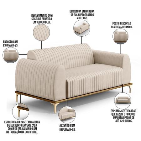 Imagem de Sofá 3 Lugares Para Sala de Estar Molino 180 cm D02 Pés D'Ouro Veludo Bege C-309 - Lyam Decor