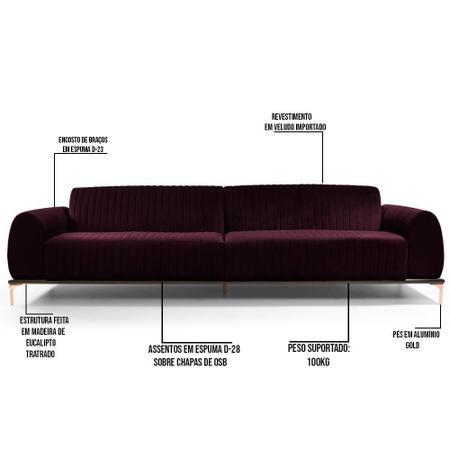 Imagem de Sofá 3 Lugares Para Sala de Estar Molino 180 cm D02 Veludo Roxo Grape C-292 - Lyam Decor