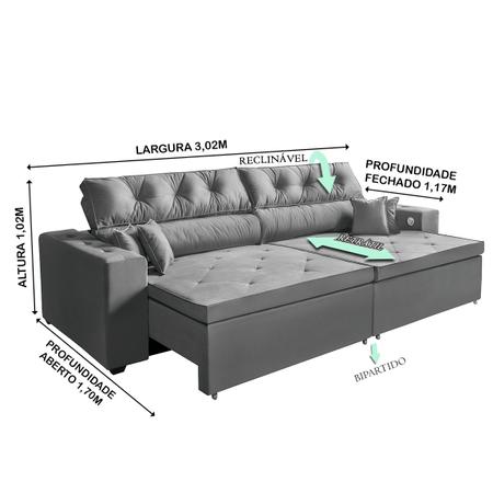 Sofá 5 Lugares SMART Retrátil, Reclinável, 3,02 Metros Tecnologia