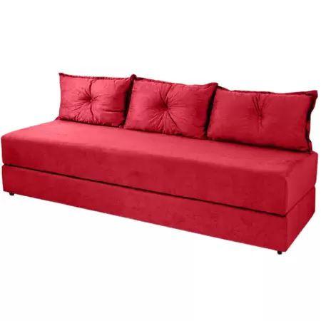 Imagem de Sofá Cama 3em1 em Tecido Suede Vermelho com Almofadas Dupla Face - Sofá que vira cama Multifuncional 