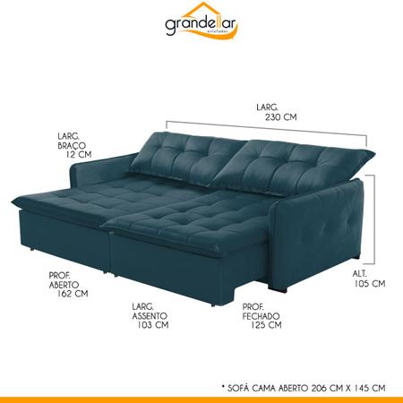 Imagem de Sofá Cama Casal Retrátil 230 Cm Braço Fino Mola Bonnel Pillow Evolution Veludo Azul - Grandellar