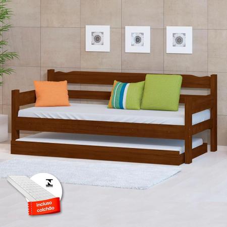 Sofá Cama De Solteiro Em Madeira Maciça Com Auxiliar E 2 Colchões Castanho Nemargi Imagem de Sofá Cama De Solteiro Em Madeira Maciça Com Auxiliar E 2 Colchões Castanho Nemargi