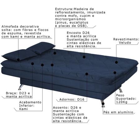 Imagem de Sofá Cama Sala de Estar 193cm Belinda com Pés Alumínio Veludo Azul Marinho - Gran Belo