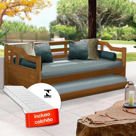 Imagem de Sofa cama solteiro de madeira maciça com cama auxiliar e colchão Atraente castanho