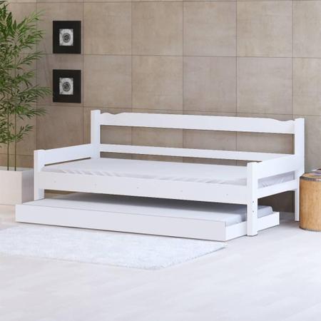 Imagem de Sofá cama solteiro de madeira maciça com cama auxiliar e colchão Nemargi Branco